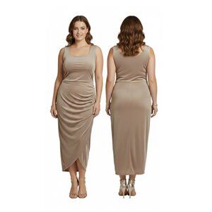 Nina Parker 2XL Tan Brown Slinky Ruched Sleeveless Sheath Dress Plus Size NWT